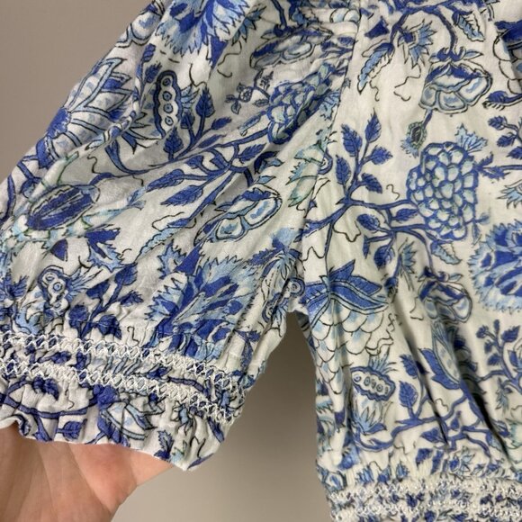 Hemant & Nandita Blue White Floral Puff Sleeve Ruffle Crop Top Boho Large - Picture 6 of 12